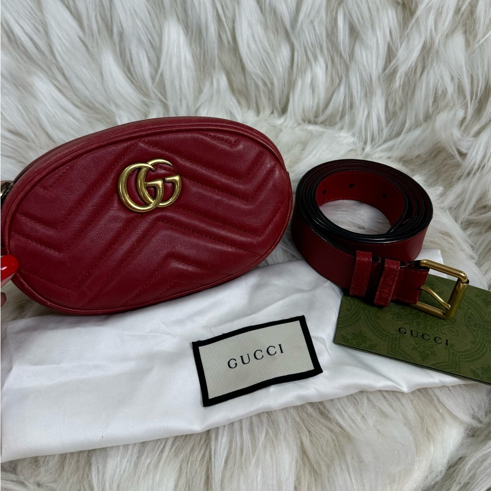 Gucci Marmont Red Matelasse Chevron belt bag